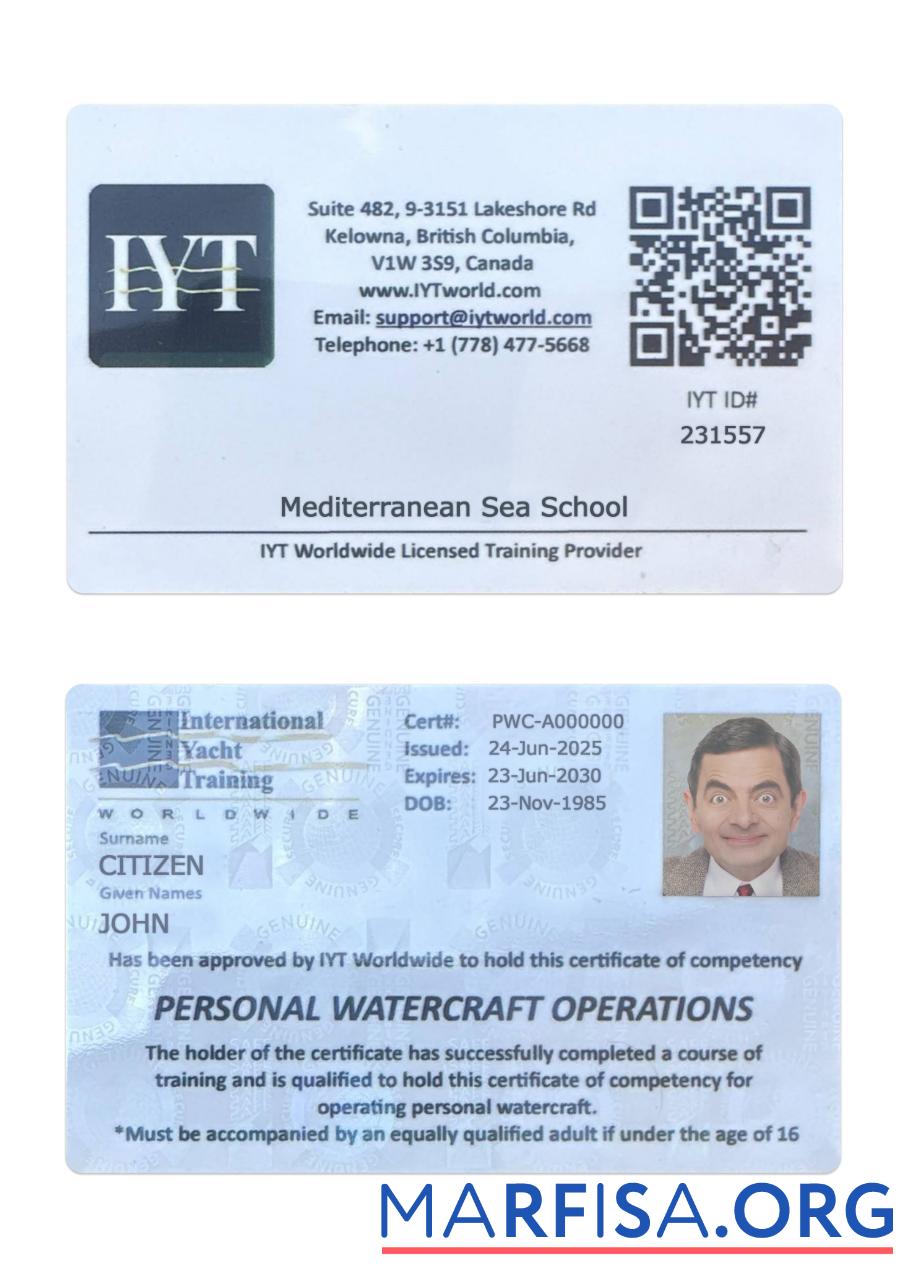 Realistic Canada British Columbia international yacht training card example